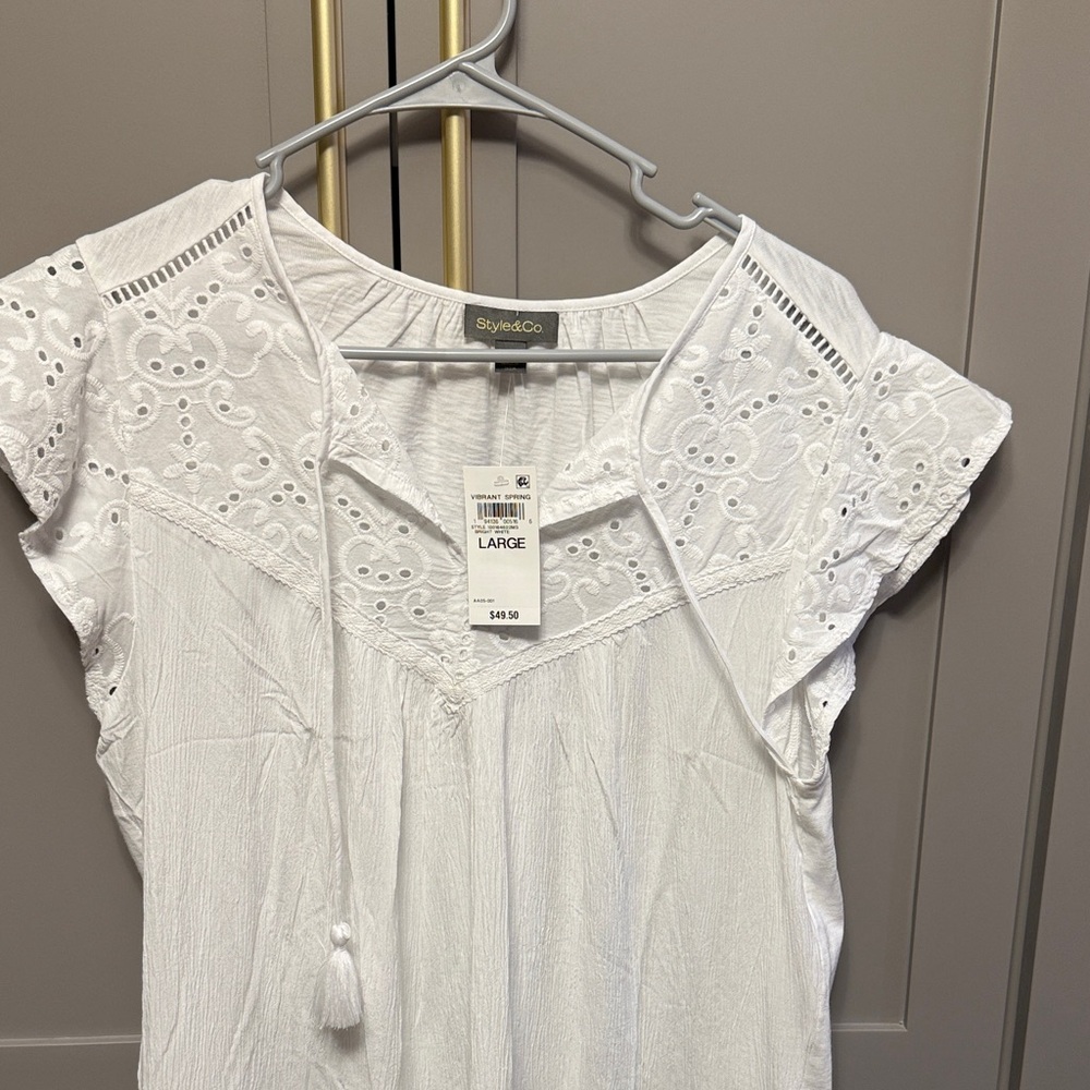 Style & Co. Women's White Eyelet Tassel Blouse